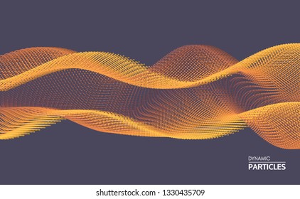 Wavy background. Array with dynamic particles. Composition with motion effect. 3d technology style. Vector illustration.