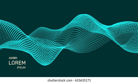 Wavy background for banner, flyer, book cover, poster. Big data visualization. 
Dynamic effect. 3d perspective grid. Abstract vector illustration with dots.