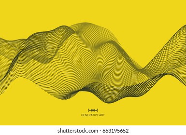 Wavy background for banner, flyer, book cover, poster. Dynamic effect. 3d perspective grid. Abstract vector illustration with dots. Network design with particle.