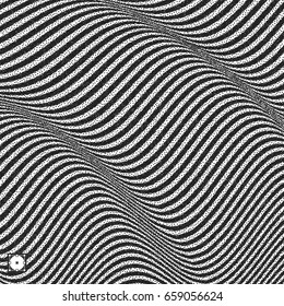 Wavy background. Black and white grainy dotwork design. Pointillism pattern with optical illusion. Stippled vector illustration.