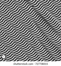 Wavy background. Black and white grainy design. Pointillism pattern with optical illusion. Stippled vector illustration.