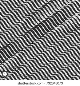 Wavy background. Black and white grainy design. Pointillism pattern with optical illusion. Stippled vector illustration.