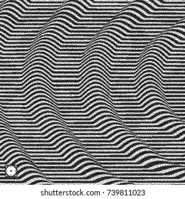 Wavy background. Black and white grainy design. Pointillism pattern with optical illusion. Stippled vector illustration.