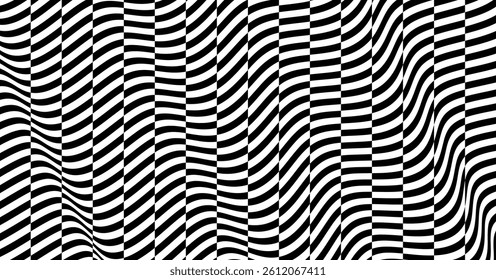 Wavy background. Black and white pattern. Optical illusion dynamic pattern with displacement from multiple sliced lines. Abstract striped backdrop. 3d surreal vector for brochure, presentation, etc.