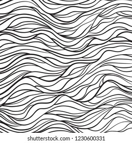 Wavy background. Hand drawn waves. Stripe abstract texture with many lines. Waved pattern. Black and white illustration for banners, flyers or posters