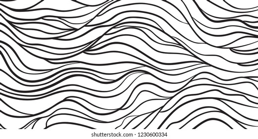Wavy background. Hand drawn waves. Stripe abstract texture with many lines. Waved pattern. Black and white illustration for banners, flyers or posters