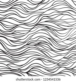 Wavy background. Hand drawn waves. Stripe abstract texture with many lines. Waved pattern. Black and white illustration for banners, flyers or posters