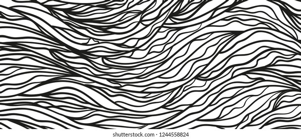 Wavy background. Hand drawn waves. Stripe texture with many lines. Waved pattern. Black and white illustration for banners, flyers or posters