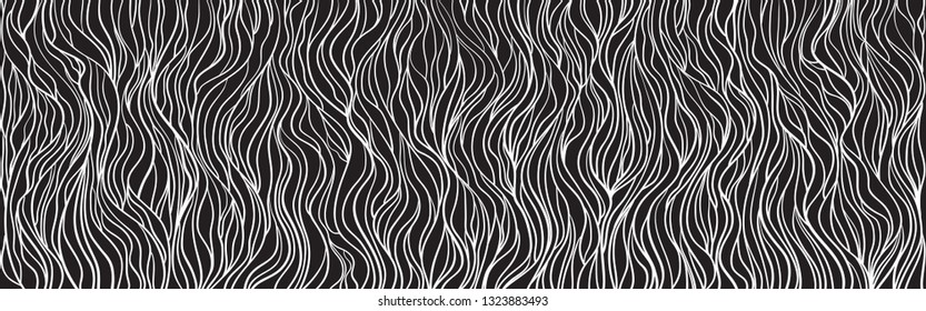 Wavy background. Hand drawn waves. Seamless wallpaper on horizontally surface. Stripe texture with many lines. Waved pattern. Line art. Black and white illustration