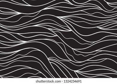 Wavy background. Hand drawn waves. Stripe texture with many lines. Waved pattern. Line art. Black and white illustration