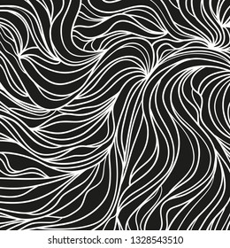 Wavy background. Hand drawn waves. Stripe texture with many lines. Waved pattern. Line art. Black and white illustration