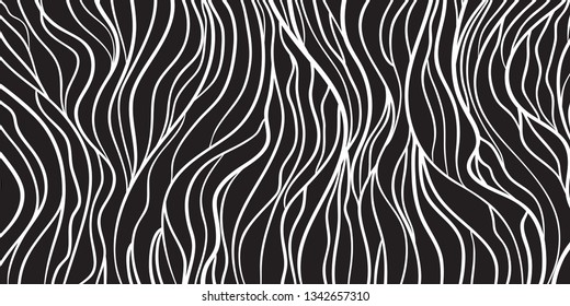 Wavy background. Hand drawn waves. Stripe texture with many lines. Waved pattern. Line art. Black and white illustration