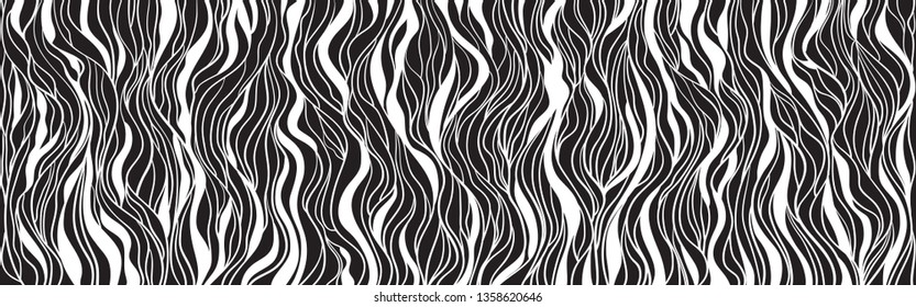 Wavy background. Hand drawn waves. Seamless wallpaper on horizontally surface. Stripe texture with many lines. Waved pattern. Print for banners, flyers or posters. Black and white illustration