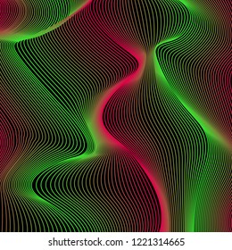 Wavy background of lines. Colorful dynamic surface with optical illusion. Red and green waves on  black background.Vector.