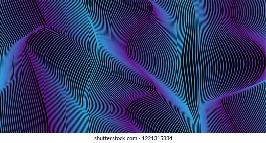 Wavy background of lines. Colorful dynamic surface with optical illusion. Blue and purple waves on  black background.Vector.