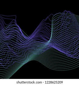 Wavy background of lines. Colorful dynamic surface with optical illusion. Blue and purple waves on black background.Vector. Dotted wave.