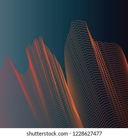 Wavy background of lines. Colorful dynamic surface with optical illusion. Red waves on dark background.Vector. Dotted wave.