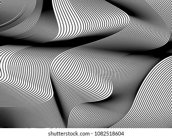 Wavy background of lines. Monochrome dynamic surface with effect of optical illusion. Vector.