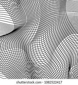 Wavy background of lines. Monochrome dynamic surface with effect of optical illusion. Vector.