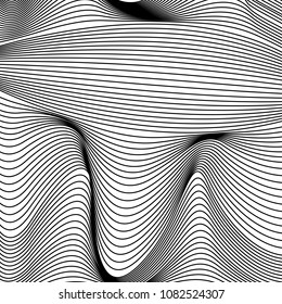 Wavy background of lines. Monochrome dynamic surface with effect of optical illusion. Vector.