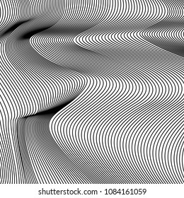 Wavy background of lines. Monochrome dynamic surface with effect of optical illusion. Vector.