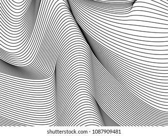 Wavy background of lines. Monochrome dynamic surface with effect of optical illusion. Vector.