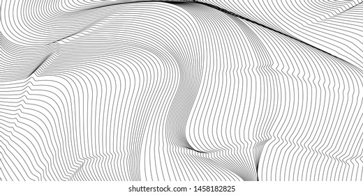 Wavy background of lines. Monochrome dynamic surface with effect of optical illusion. Vector.