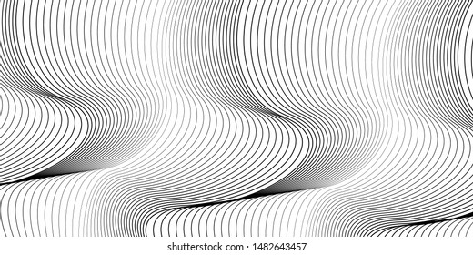 Wavy background of lines. Monochrome dynamic surface with effect of optical illusion. Vector.