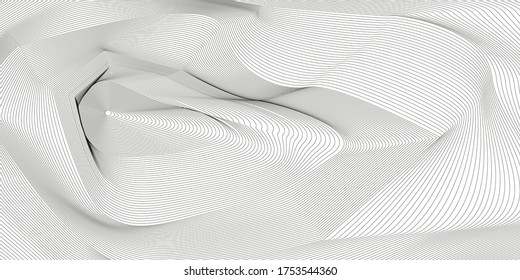 Wavy background of lines. Monochrome dynamic surface with effect of optical illusion. Vector.Editable.