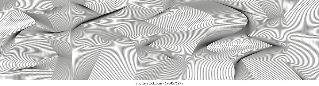 Wavy background of lines. Monochrome dynamic surface with effect of optical illusion. Vector.