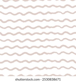 Wavy beige stripes seamless pattern. Hand drawn horizontal lines on soft backdrop. Brush texture ornament. 