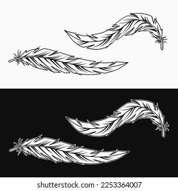 Unas plumas blancas y negras inclinadas onduladas. Ilustración vectorial en estilo vintage sobre fondo blanco y negro.
