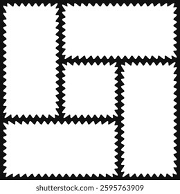 Wavy bento grid box frame layout. Rectangular content boxes with jagged edges. Isolated on a black background.