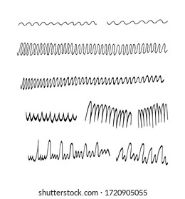 Wavy black lines drawn with ink and paint brush. Set of hand-drawn linear textures. Vector illustration on an isolated white background.
