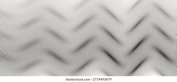 Las líneas negras onduladas sobre fondo blanco crean una ilusión óptica de profundidad y movimiento. Patrón rítmico Abstractas ideal para temas de fondo, arte visual, diseño o percepción.