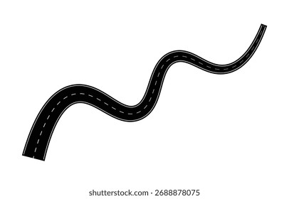 Wavy black road with white dashed center line isolated on white background

