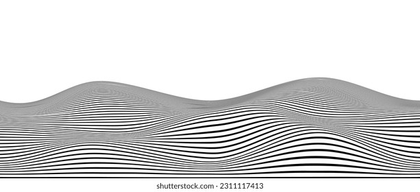 Wavy black stripes background. Curve thin lines pattern. Abstract contour texture. Landscape terrain concept. Vector wallpaper.