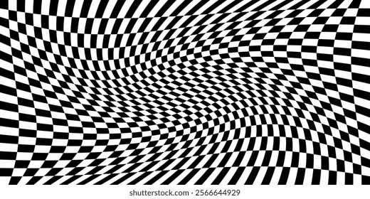 Wavy black and white checkerboard pattern background. Optical illusion-inspired design for creative projects, graphic visuals, and abstract themes. Ideal for modern, dynamic, or trendy design concepts