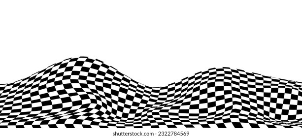 Wavy black and white checkered background. Curved warped chessboard floor pattern. Trippy undulate square texture surface. Landscape terrain concept. Vector optical illusion wallpaper.