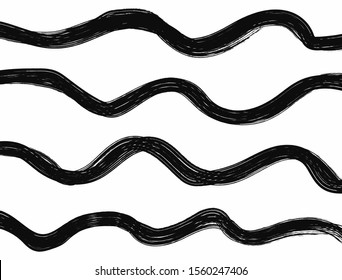 Wavy black and white grunge background. Horizontal template with curved lines painted with a rough brush. Rectangular vector illustration.