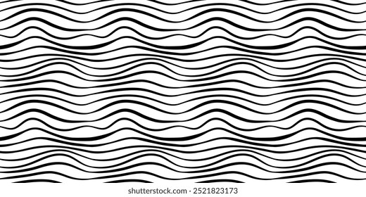 Wavy black white lines pattern. Poster with waves. Cute curvy shapes, impression painting. Abstract smooth geometric texture concept. Optical illusion background, aesthetic print vector illustration