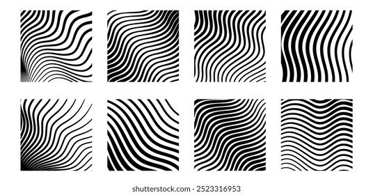 Wavy black white lines pattern. Poster with waves. Cute curvy shapes, impression painting. Abstract smooth geometric texture concept. Optical illusion background, aesthetic print vector illustration