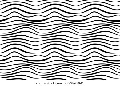 Wavy black white lines pattern. Poster with waves. Cute curvy shapes, impression painting. Abstract smooth geometric texture concept. Optical illusion background, aesthetic print vector illustration