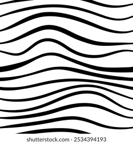 Wavy black white lines pattern. Poster with waves. Cute curvy shapes, impression painting. Abstract smooth geometric texture concept. Optical illusion background, aesthetic print vector illustration