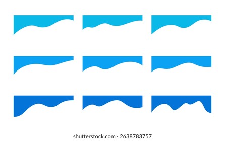 Wavy blue abstract graphic separation elements for banner, web page, background, vector, flat design. An empty text field for the title, label, and poster. Upper part of the frame, borders