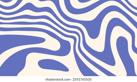 Wavy blue and beige abstract pattern. Psychedelic trippy retro background in groovy y2k style. Liquid marble or maze.