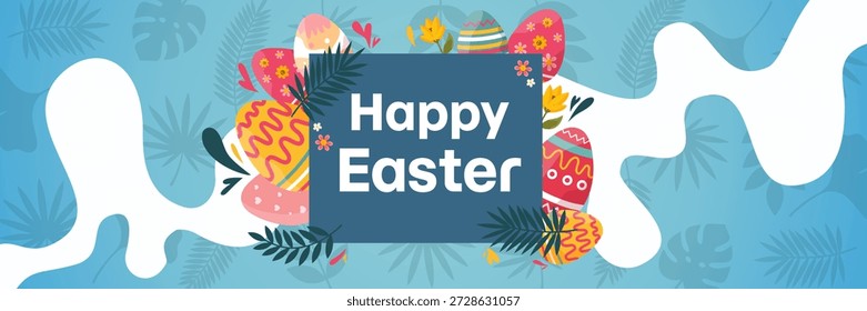 wavy blue fluid background with eggs and tropical leaves for holiday celebration
