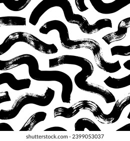 Schwelende, kräftige Pinselstriche zeichnen sich durch ein nahtloses Muster aus. Handgezeichnet abstraktes geometrisches Muster, Grunge-Doodle-Textur. Childish-Memphis-Hintergrund. Biologische und organische Grunge-Schnecken.