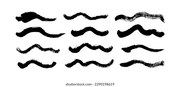Wavy bold lines collection. Brush drawn simple squiggly strokes. Black vector wavy smears isolated on white background. Aqua streaming pictogram. Thick curved grunge strokes.