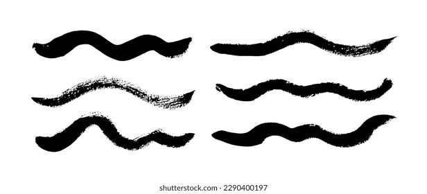 Wavy bold lines collection. Brush drawn simple squiggly strokes. Black vector wavy smears isolated on white background. Aqua streaming pictogram. Thick curved grunge strokes.